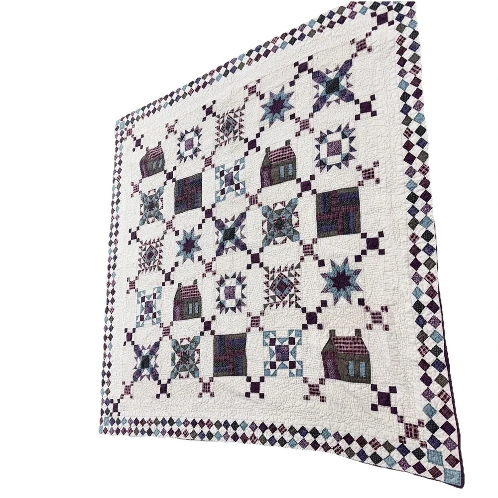VTG Irish Chain Quilt Feedsack Farmhouse Cottage Purple Blue 81x81 Excellent!
